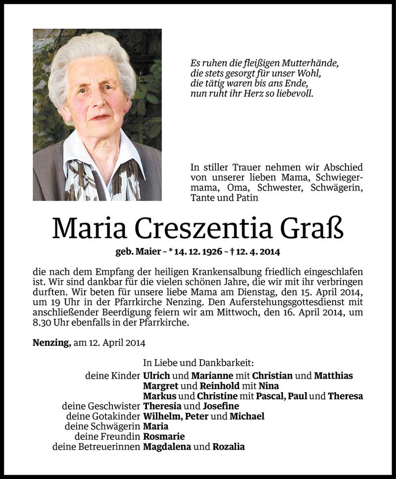  Todesanzeige für Maria Creszentia Graß vom 13.04.2014 aus Vorarlberger Nachrichten