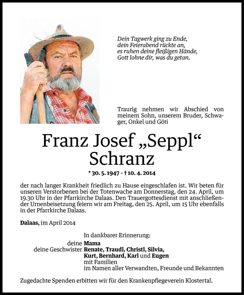  Todesanzeige für Franz Josef Schranz vom 22.04.2014 aus Vorarlberger Nachrichten