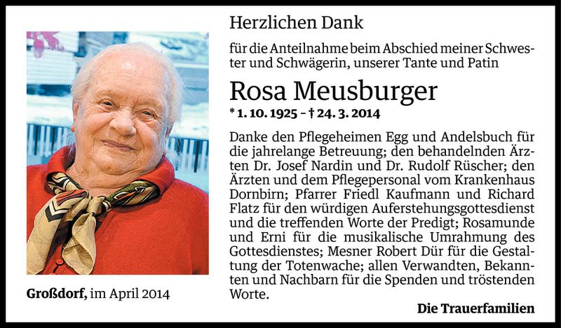  Todesanzeige für Rosa Meusburger vom 14.04.2014 aus Vorarlberger Nachrichten