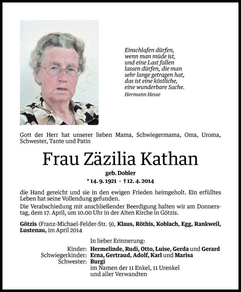  Todesanzeige für Zäzilia Kathan vom 15.04.2014 aus Vorarlberger Nachrichten