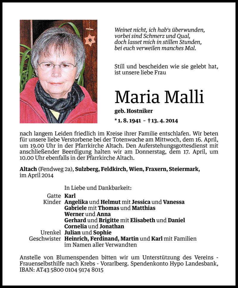  Todesanzeige für Maria Malli vom 15.04.2014 aus Vorarlberger Nachrichten