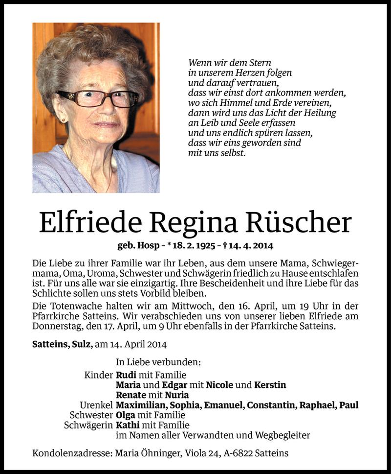  Todesanzeige für Elfriede Regina Rüscher vom 14.04.2014 aus Vorarlberger Nachrichten