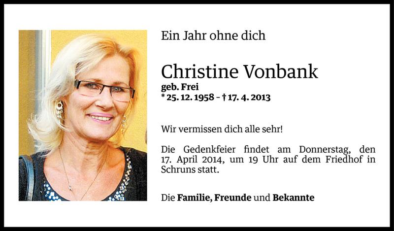  Todesanzeige für Christine Vonbank vom 15.04.2014 aus Vorarlberger Nachrichten