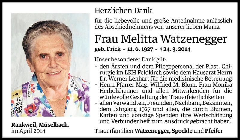  Todesanzeige für Melitta Watzenegger vom 18.04.2014 aus Vorarlberger Nachrichten