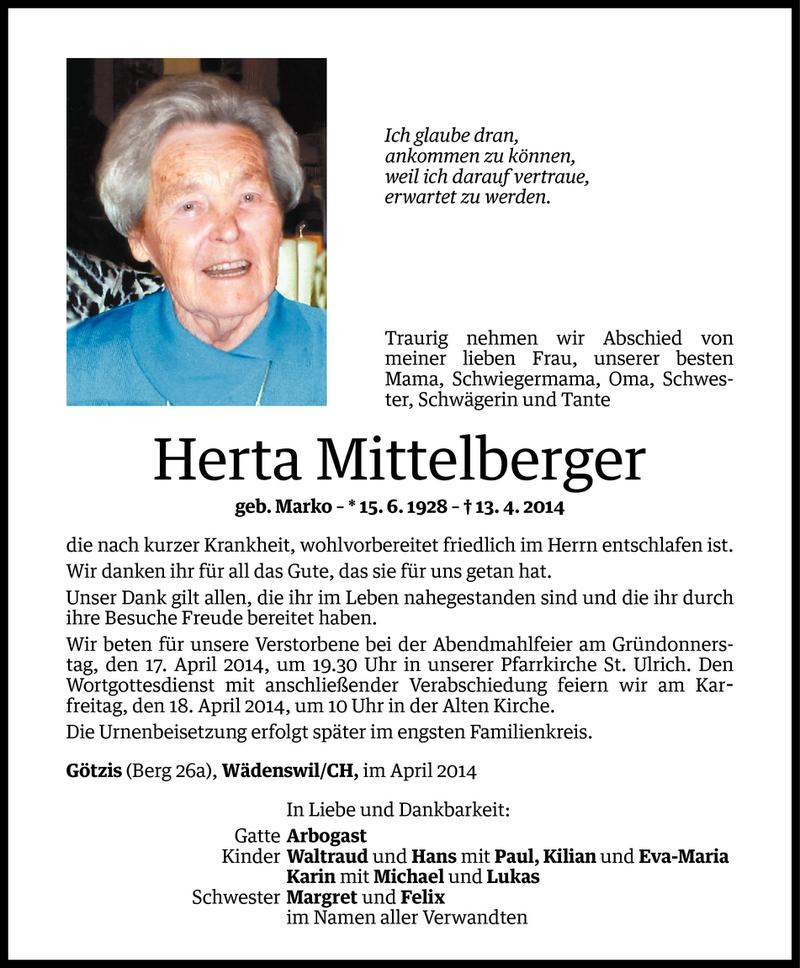  Todesanzeige für Herta Mittelberger vom 15.04.2014 aus Vorarlberger Nachrichten