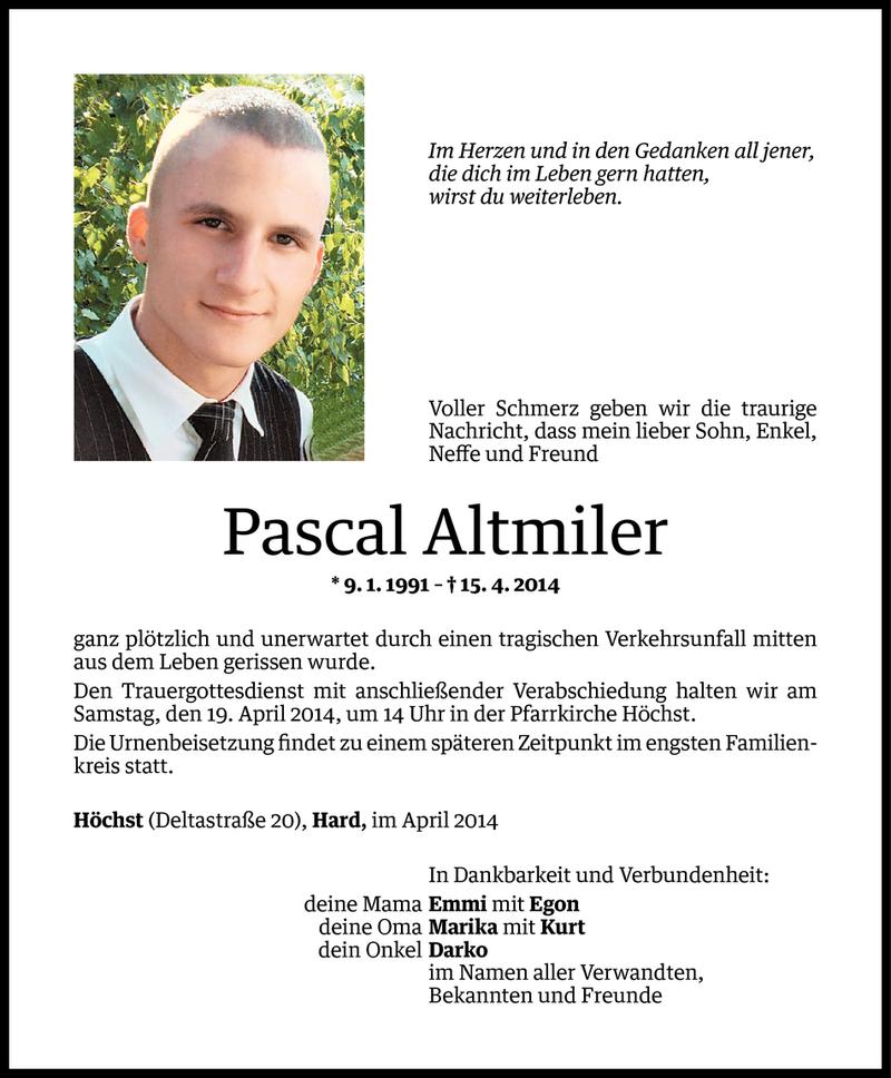  Todesanzeige für Pascal Altmiler vom 16.04.2014 aus Vorarlberger Nachrichten