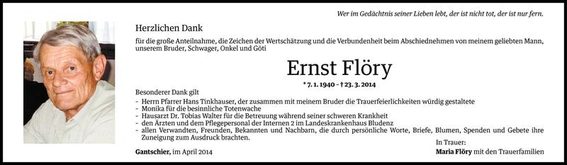  Todesanzeige für Ernst Flöry vom 16.04.2014 aus Vorarlberger Nachrichten