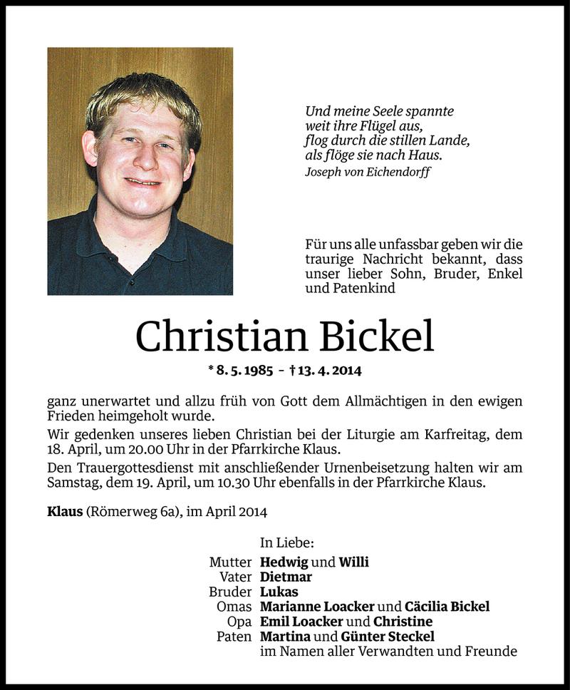  Todesanzeige für Christian Bickel vom 17.04.2014 aus Vorarlberger Nachrichten