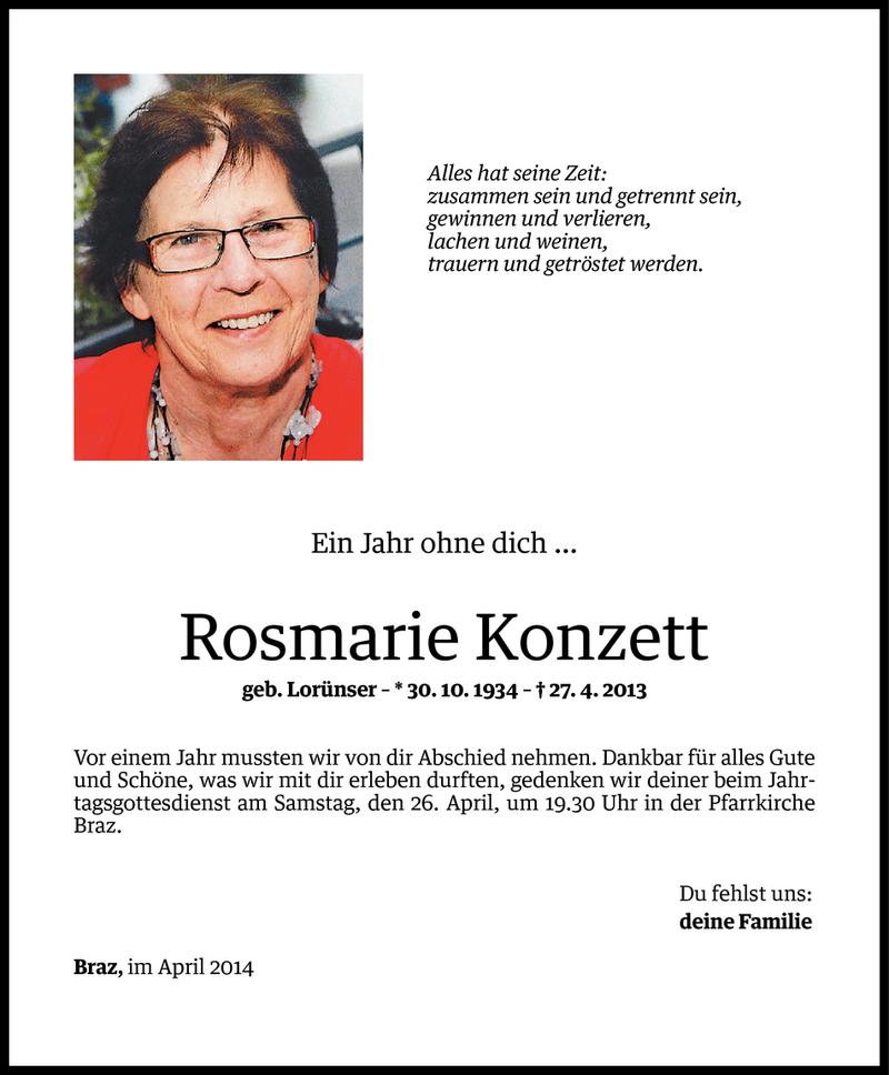  Todesanzeige für Rosmarie Konzett vom 23.04.2014 aus Vorarlberger Nachrichten