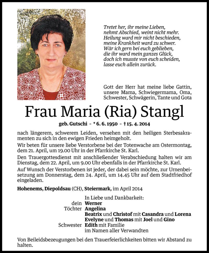  Todesanzeige für Maria Stangl vom 18.04.2014 aus Vorarlberger Nachrichten