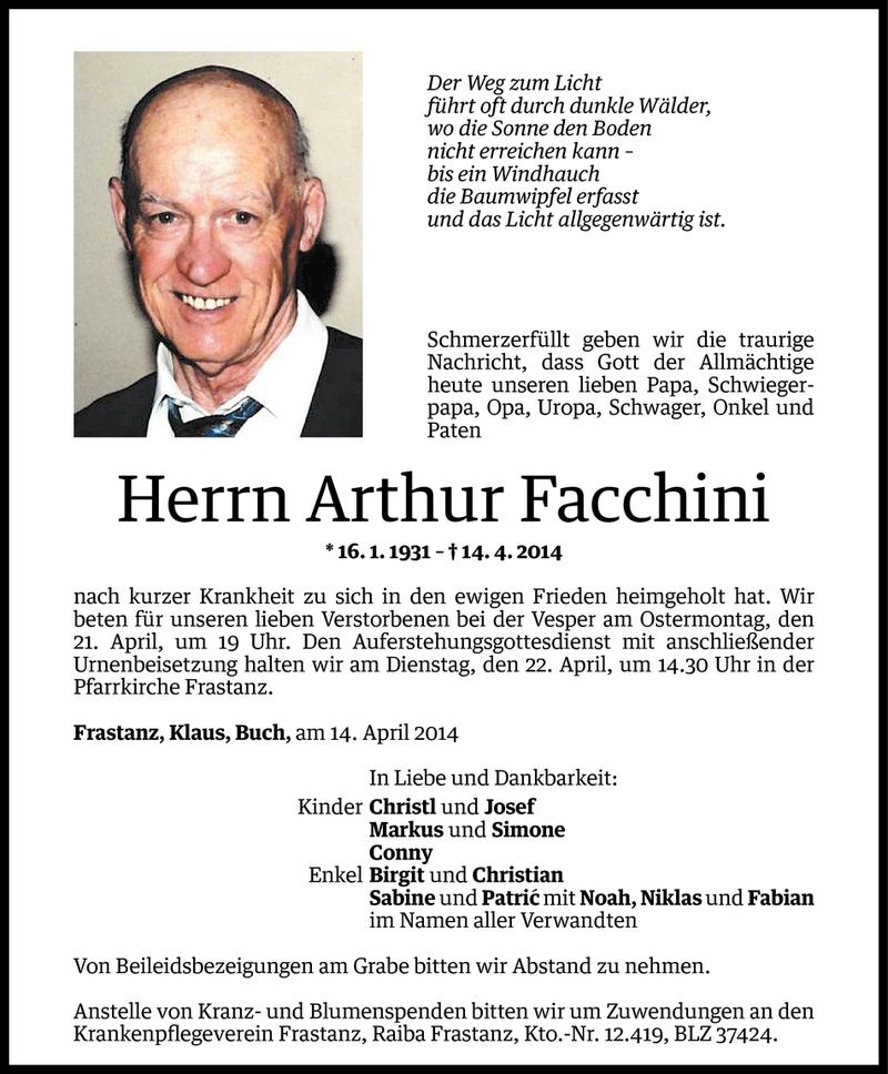  Todesanzeige für Arthur Facchini vom 16.04.2014 aus Vorarlberger Nachrichten