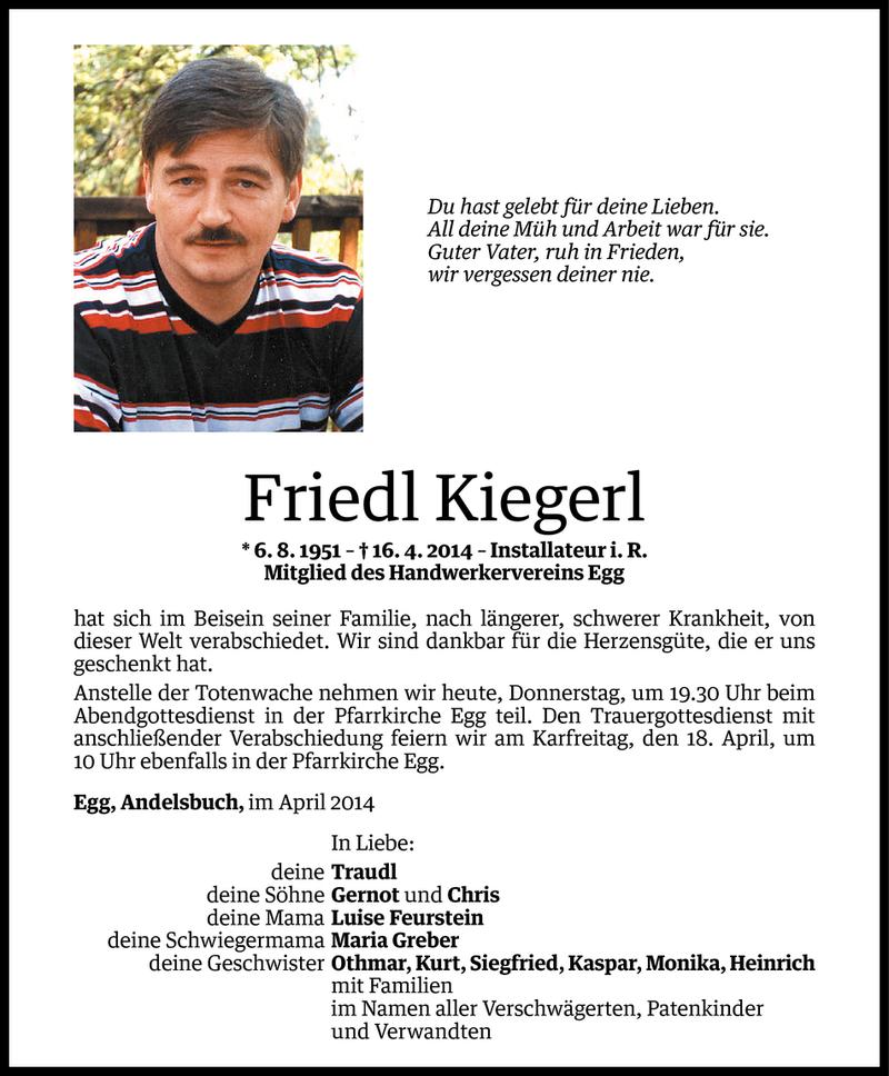  Todesanzeige für Friedl Kiegerl vom 16.04.2014 aus Vorarlberger Nachrichten