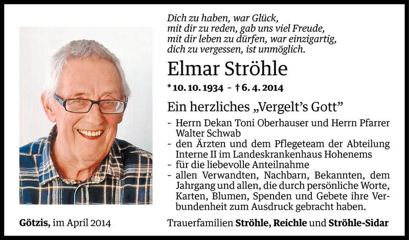  Todesanzeige für Elmar Ströhle vom 18.04.2014 aus Vorarlberger Nachrichten