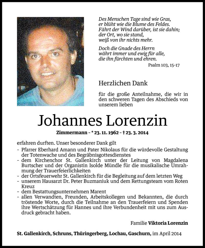  Todesanzeige für Johannes Lorenzin vom 17.04.2014 aus Vorarlberger Nachrichten