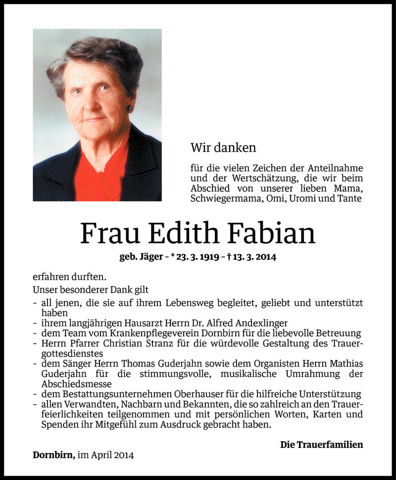  Todesanzeige für Edith Fabian vom 18.04.2014 aus Vorarlberger Nachrichten