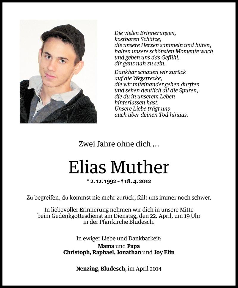  Todesanzeige für Elias Muther vom 17.04.2014 aus Vorarlberger Nachrichten