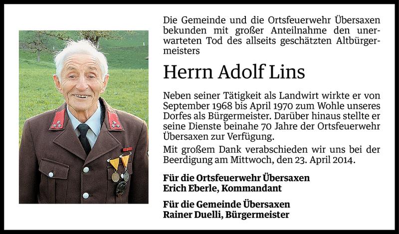  Todesanzeige für Adolf Lins vom 18.04.2014 aus Vorarlberger Nachrichten
