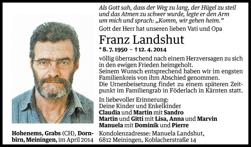  Todesanzeige für Franz Landshut vom 19.04.2014 aus Vorarlberger Nachrichten