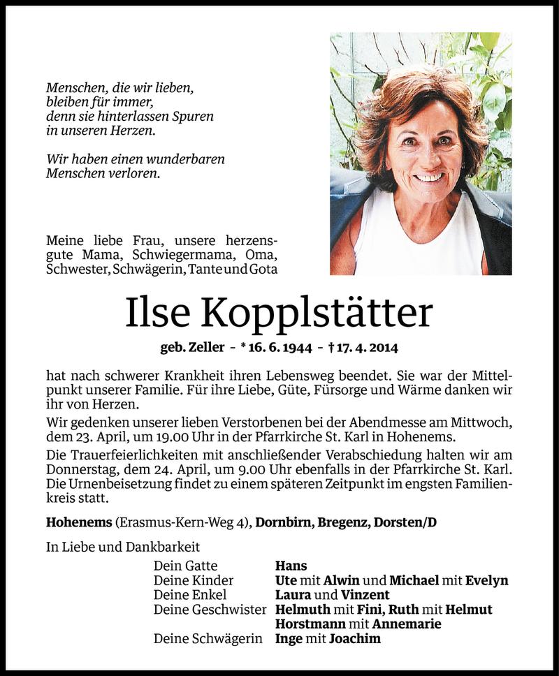  Todesanzeige für Ilse Kopplstätter vom 19.04.2014 aus Vorarlberger Nachrichten