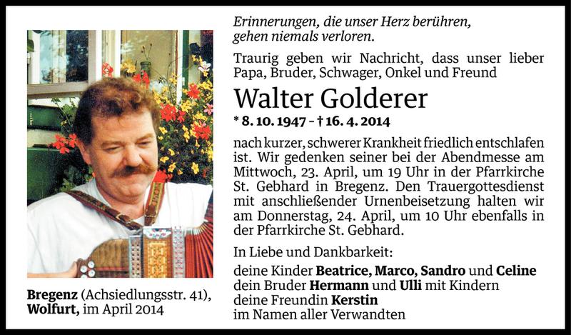  Todesanzeige für Walter Golderer vom 18.04.2014 aus Vorarlberger Nachrichten
