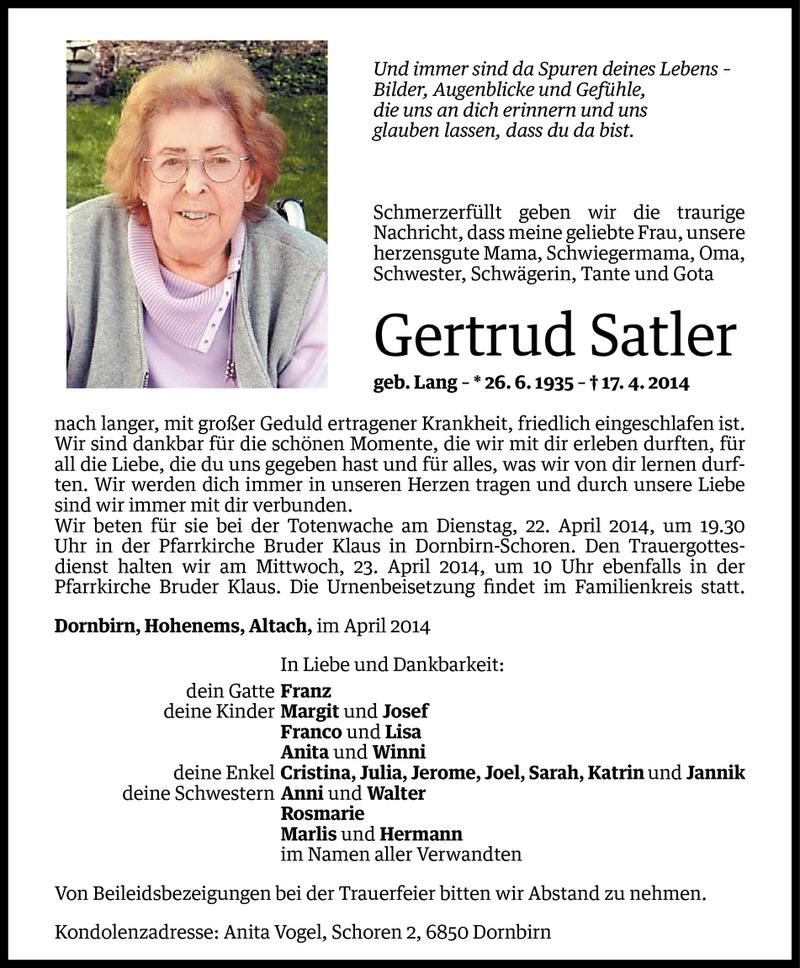  Todesanzeige für Gertrud Satler vom 18.04.2014 aus Vorarlberger Nachrichten
