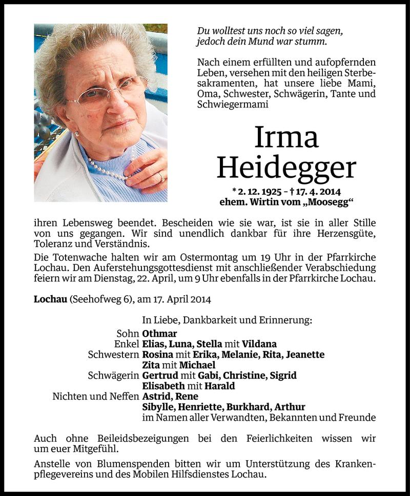  Todesanzeige für Irma Heidegger vom 18.04.2014 aus Vorarlberger Nachrichten