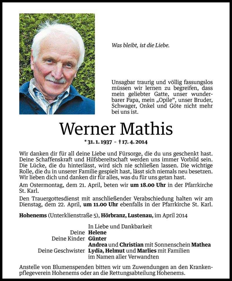  Todesanzeige für Werner Mathis vom 19.04.2014 aus Vorarlberger Nachrichten