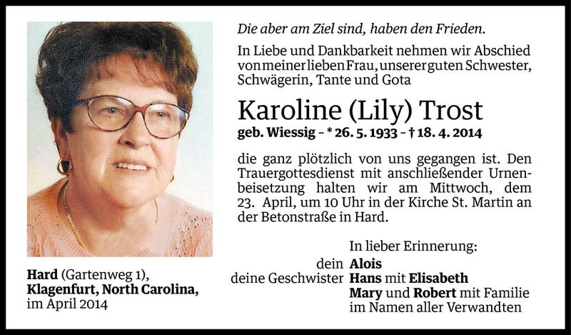  Todesanzeige für Karoline Trost vom 18.04.2014 aus Vorarlberger Nachrichten