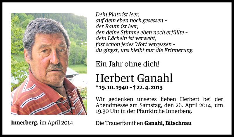  Todesanzeige für Herbert Ganahl vom 21.04.2014 aus Vorarlberger Nachrichten