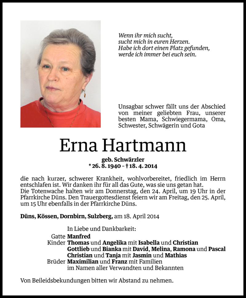  Todesanzeige für Erna Hartmann vom 21.04.2014 aus Vorarlberger Nachrichten