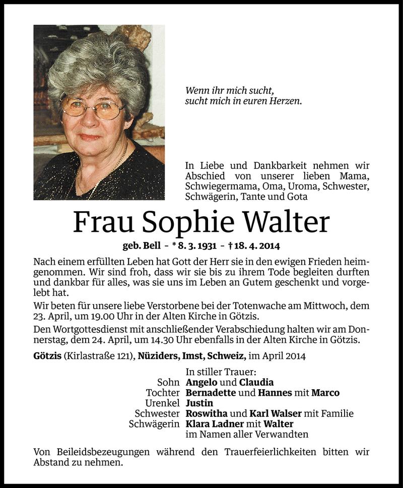  Todesanzeige für Sophie Walter vom 22.04.2014 aus Vorarlberger Nachrichten