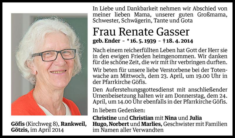  Todesanzeige für Renate Gasser vom 22.04.2014 aus Vorarlberger Nachrichten
