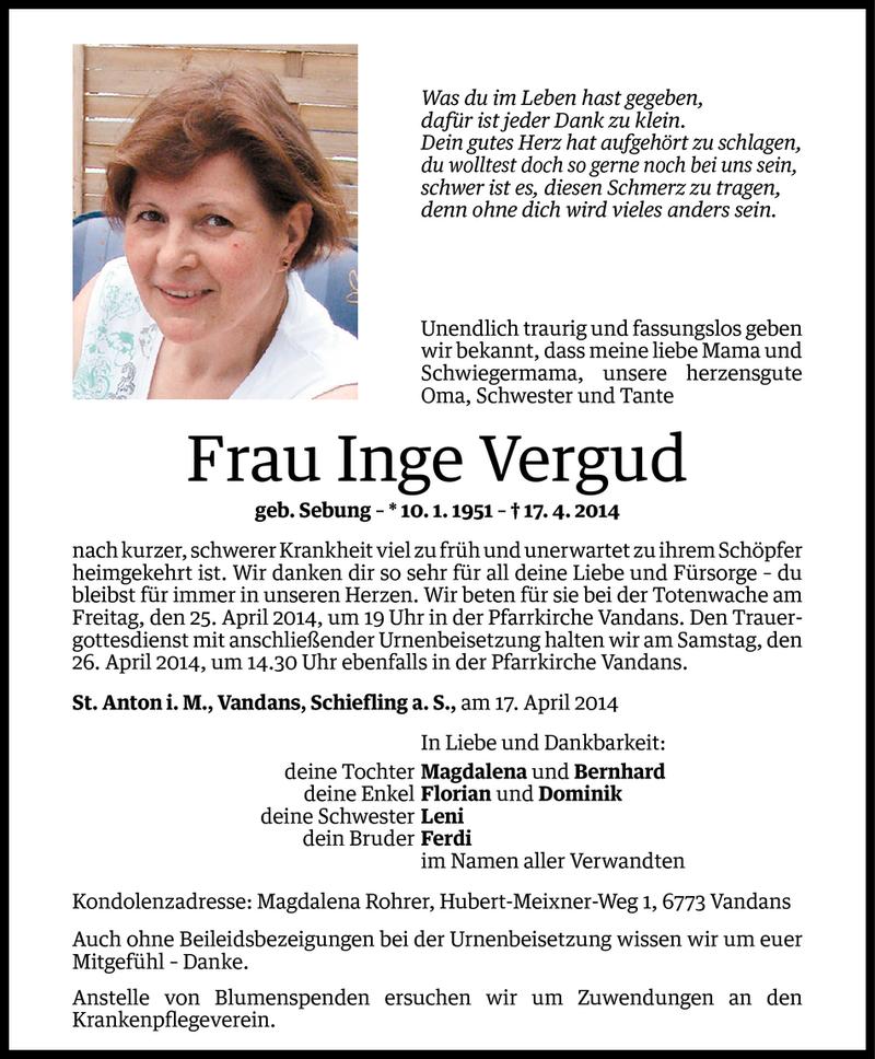  Todesanzeige für Inge Vergud vom 22.04.2014 aus Vorarlberger Nachrichten