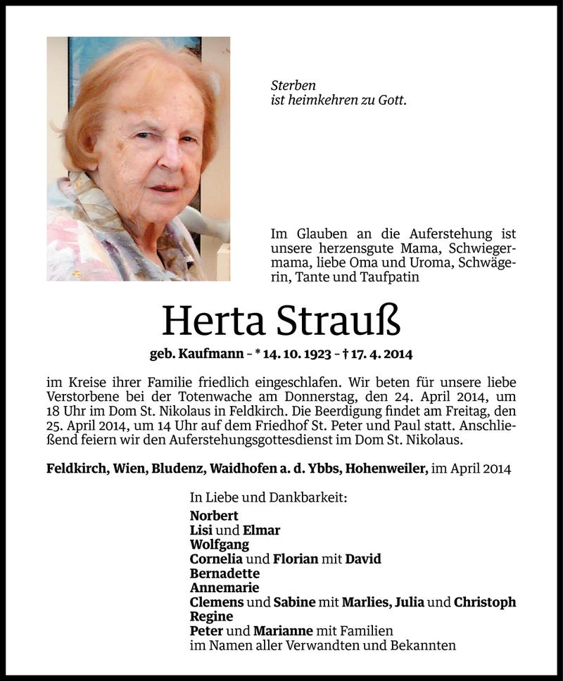  Todesanzeige für Herta Strauß vom 22.04.2014 aus Vorarlberger Nachrichten