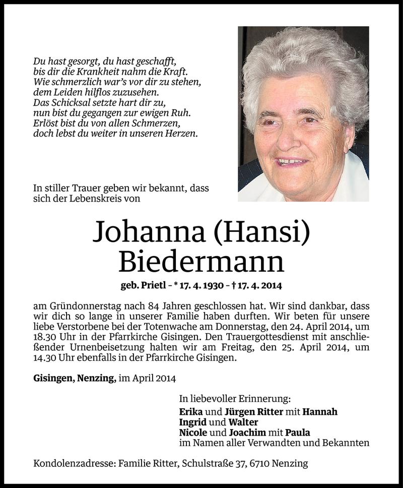  Todesanzeige für Johanna Biedermann vom 22.04.2014 aus Vorarlberger Nachrichten