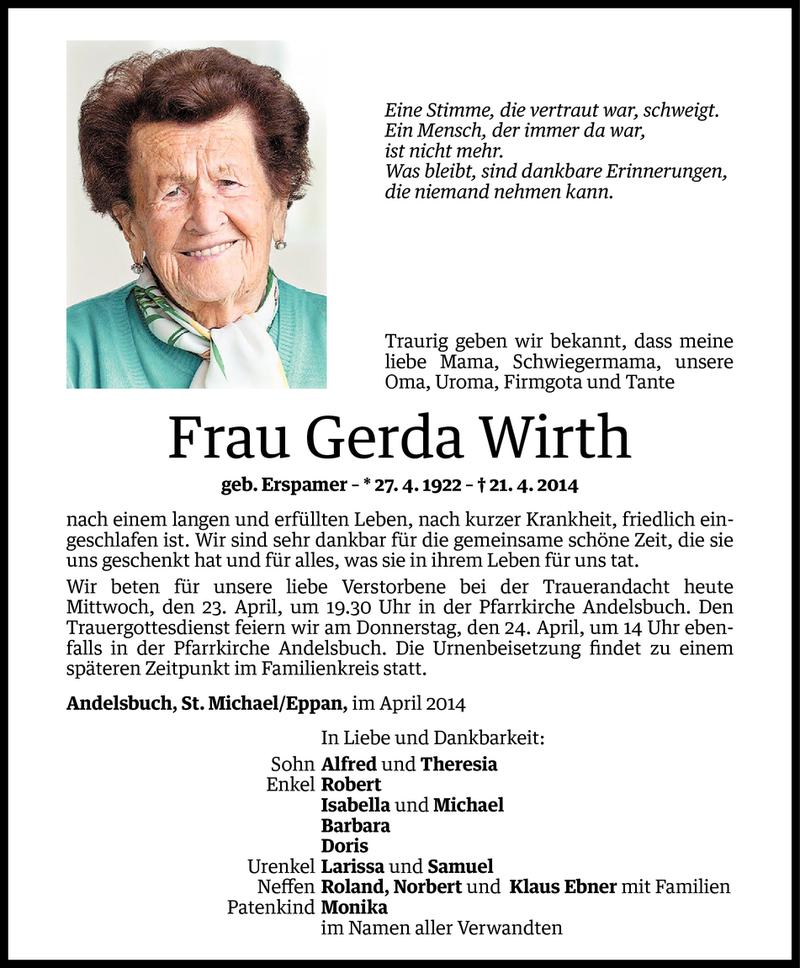  Todesanzeige für Gerda Wirth vom 22.04.2014 aus Vorarlberger Nachrichten