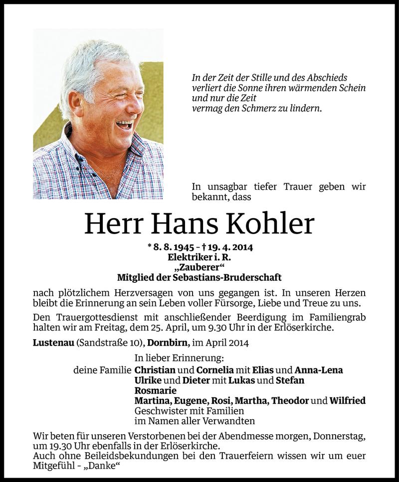  Todesanzeige für Hans Kohler vom 22.04.2014 aus Vorarlberger Nachrichten
