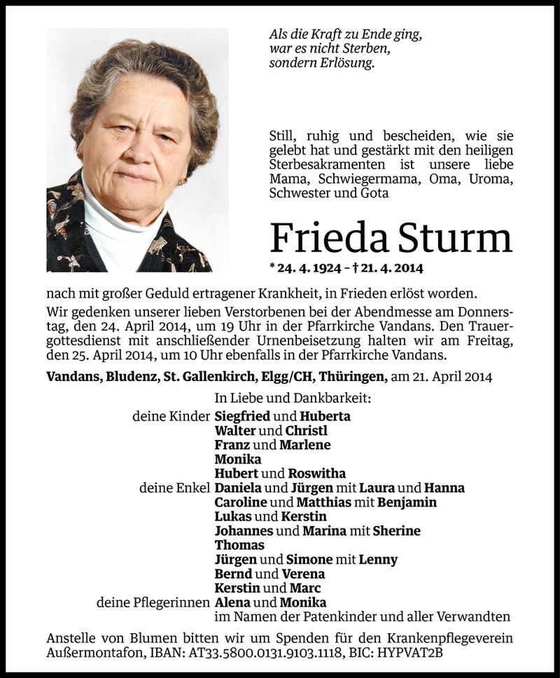  Todesanzeige für Frieda Sturm vom 22.04.2014 aus Vorarlberger Nachrichten