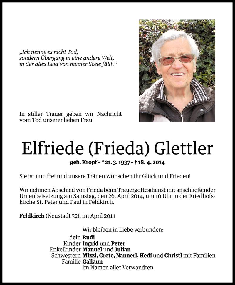  Todesanzeige für Elfriede Glettler vom 22.04.2014 aus Vorarlberger Nachrichten