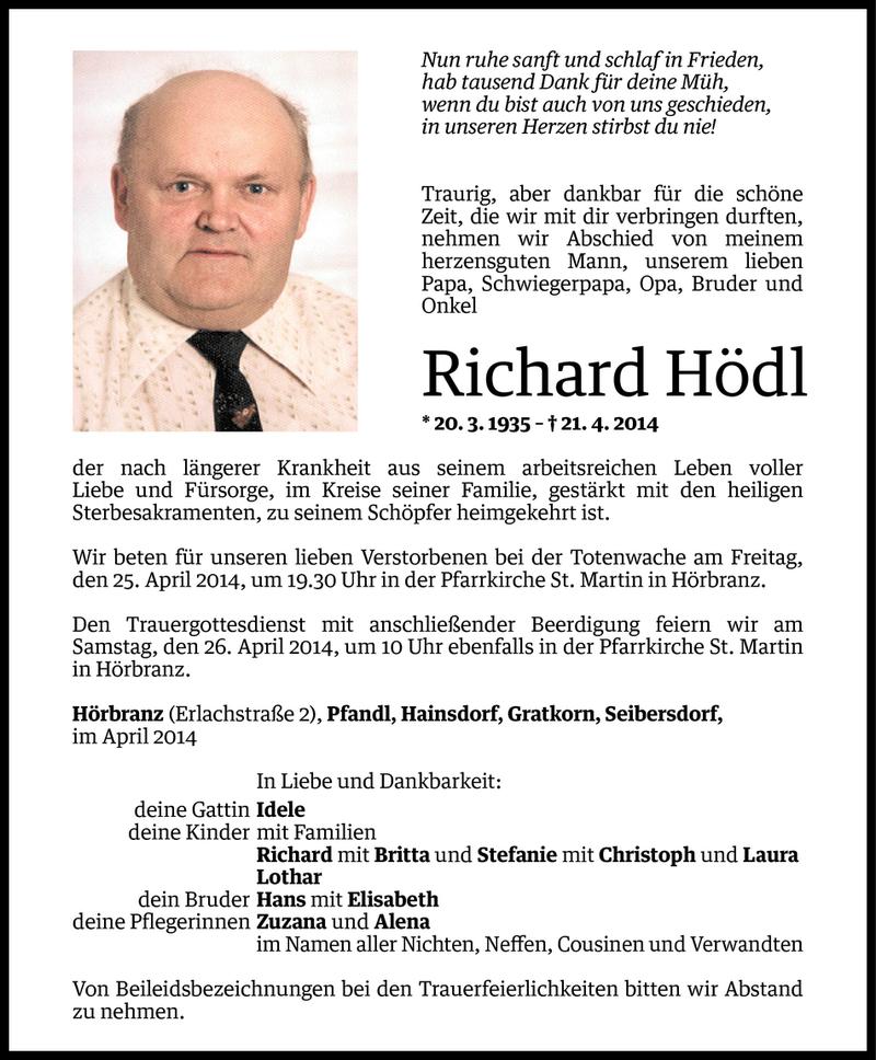  Todesanzeige für Richard Hödl vom 22.04.2014 aus Vorarlberger Nachrichten