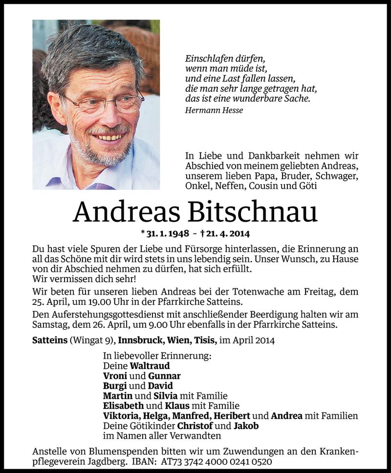  Todesanzeige für Andreas Bitschnau vom 23.04.2014 aus Vorarlberger Nachrichten