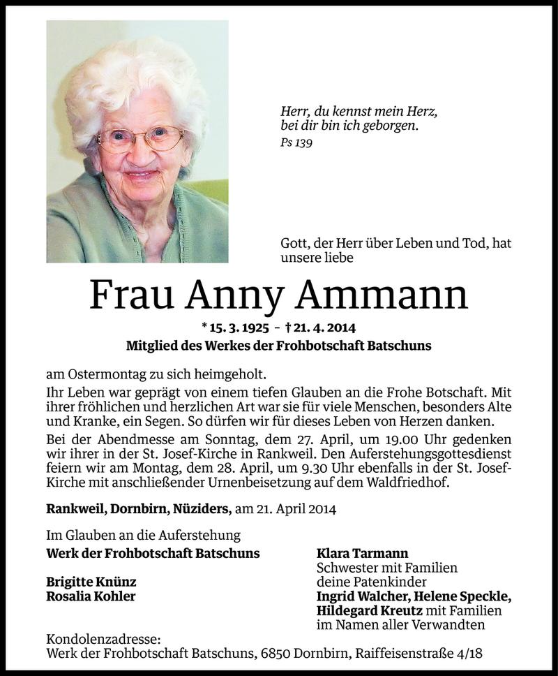  Todesanzeige für Anny Ammann vom 24.04.2014 aus Vorarlberger Nachrichten