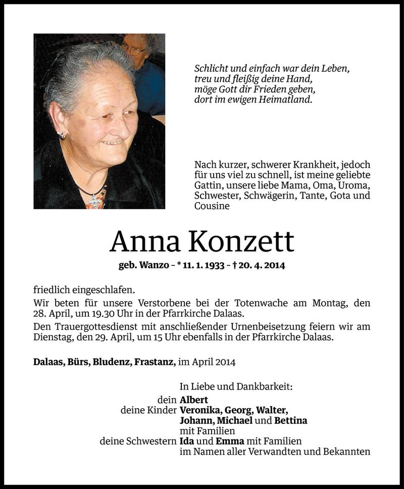  Todesanzeige für Anna Konzett vom 26.04.2014 aus Vorarlberger Nachrichten
