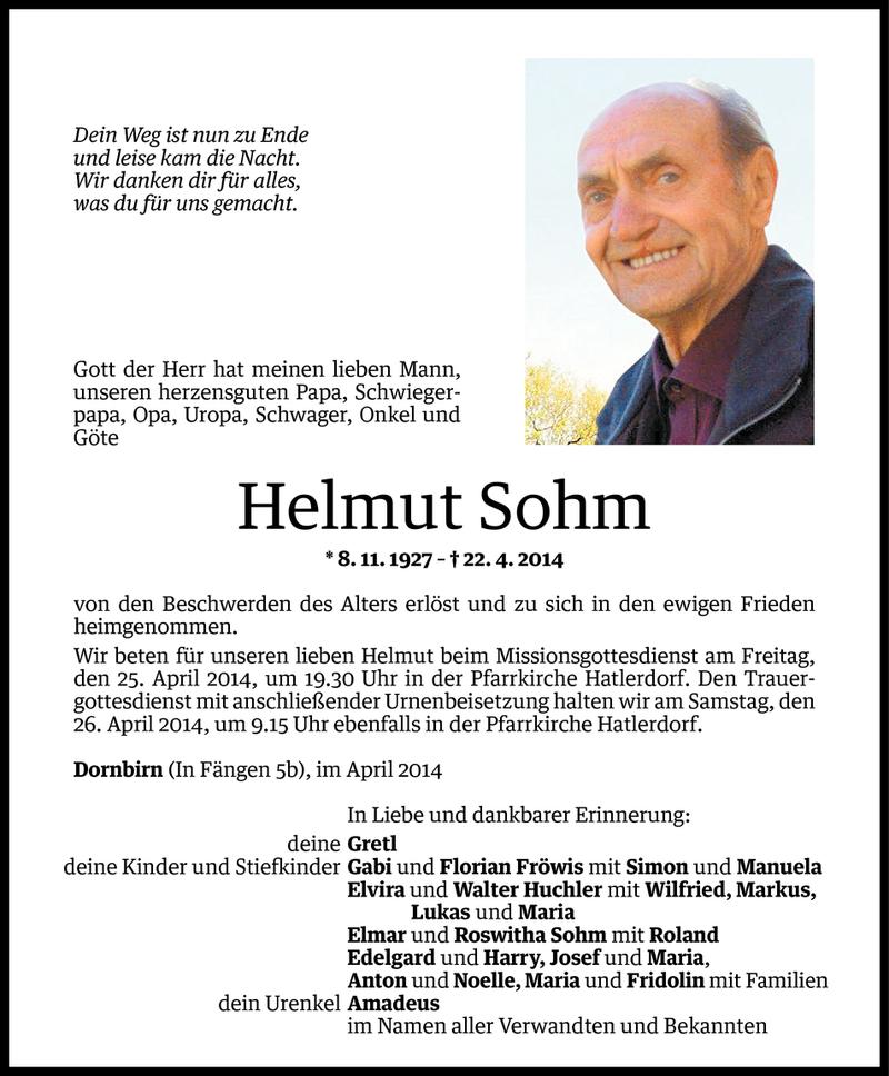  Todesanzeige für Helmut Sohm vom 23.04.2014 aus Vorarlberger Nachrichten