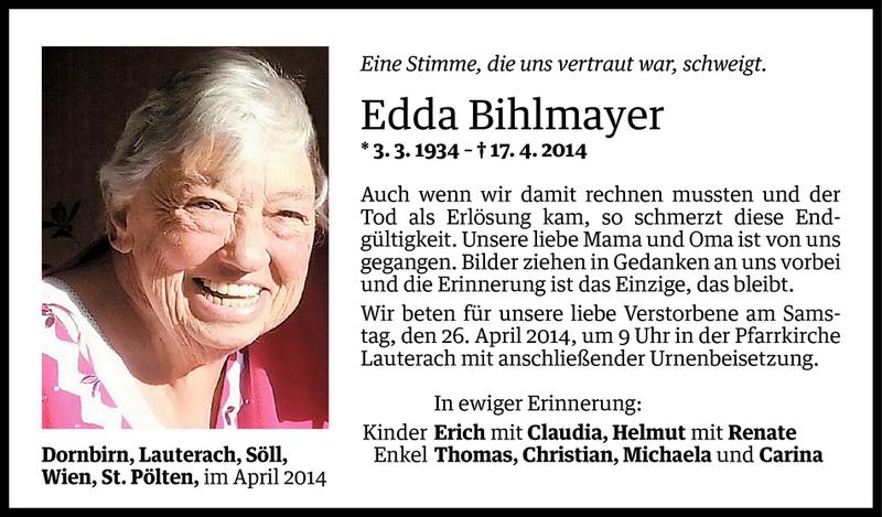  Todesanzeige für Edda Bihlmayer vom 23.04.2014 aus Vorarlberger Nachrichten