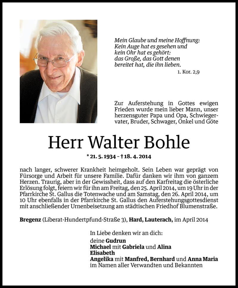  Todesanzeige für Walter Bohle vom 23.04.2014 aus Vorarlberger Nachrichten