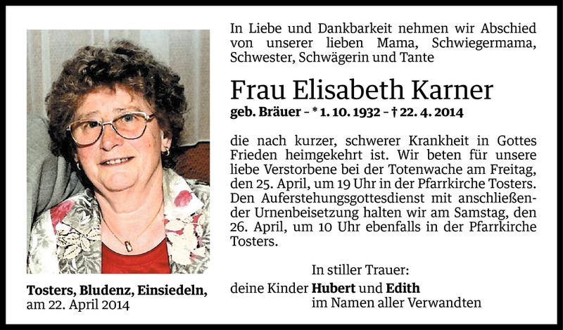  Todesanzeige für Elisabeth Karner vom 23.04.2014 aus Vorarlberger Nachrichten