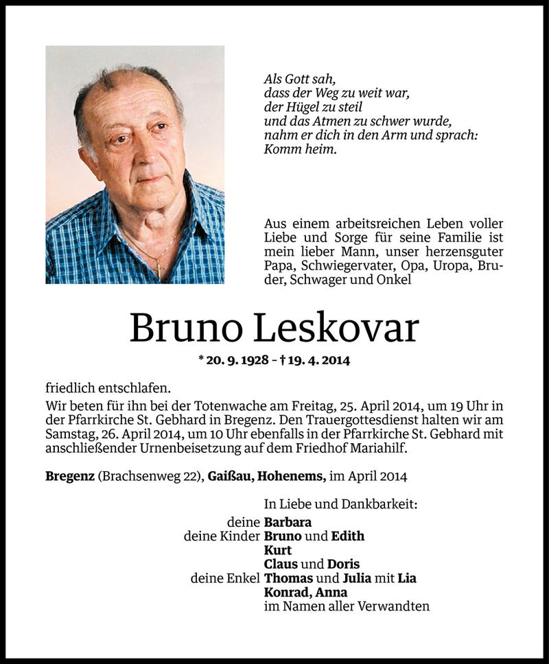  Todesanzeige für Bruno Leskovar vom 23.04.2014 aus Vorarlberger Nachrichten