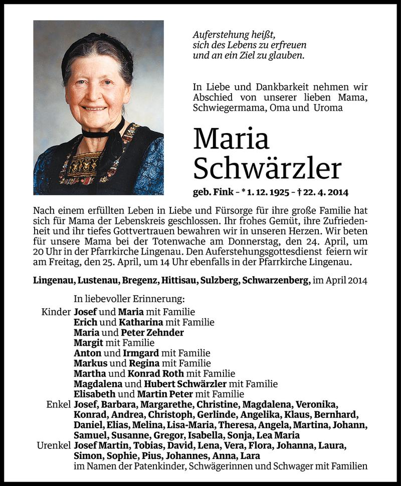  Todesanzeige für Maria Schwärzler vom 23.04.2014 aus Vorarlberger Nachrichten