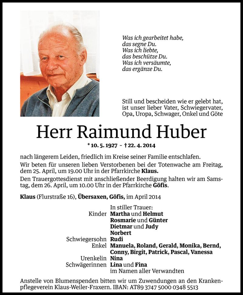  Todesanzeige für Raimund Huber vom 24.04.2014 aus Vorarlberger Nachrichten